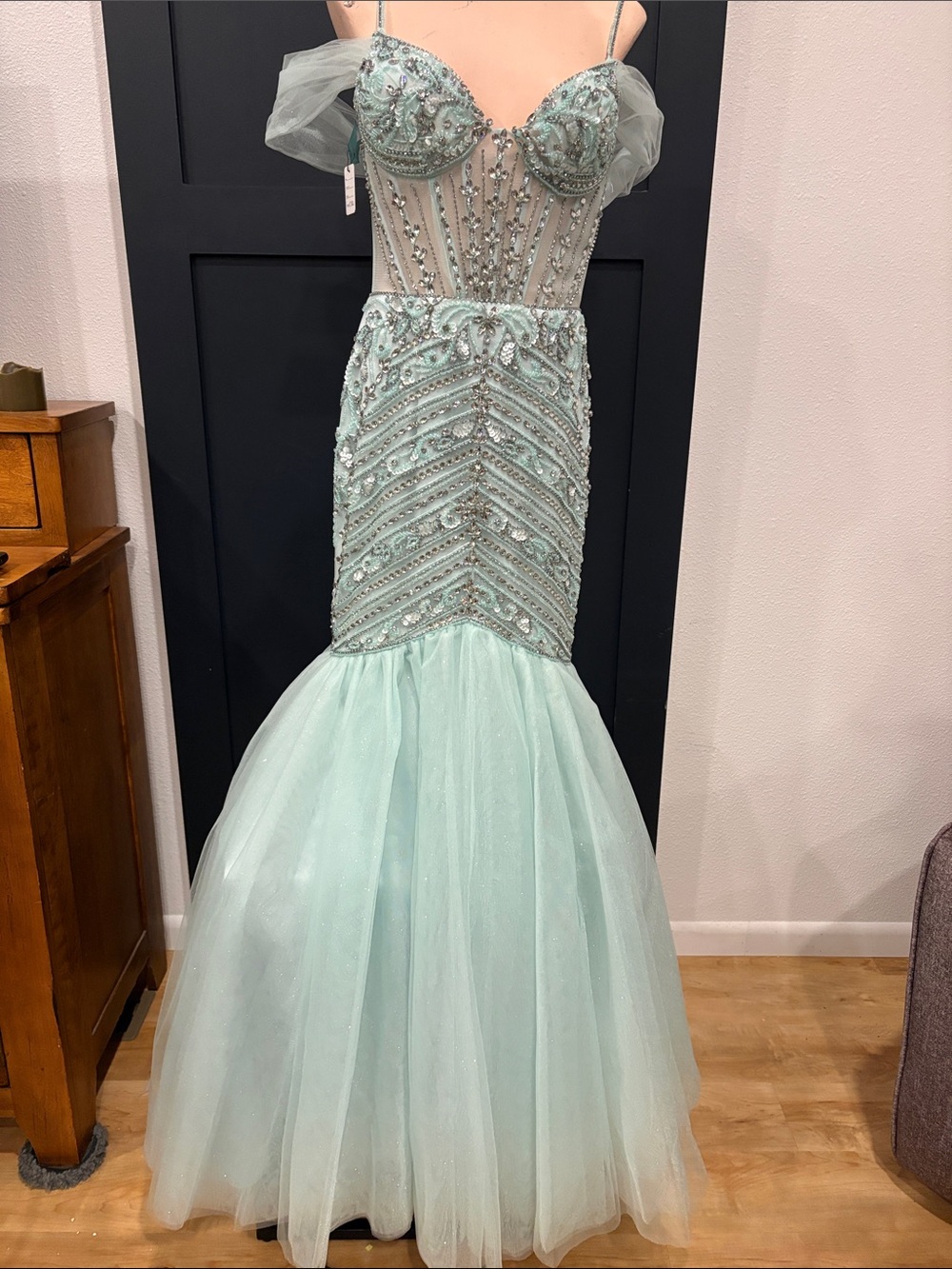 Beaded Mint Mermaid Maxi Dress with Tulle Skirt